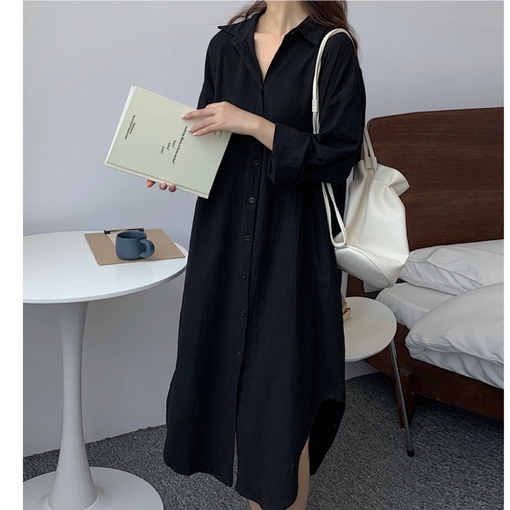Shirt dress long women’s button collar top pockets white black - Picture 2 of 16